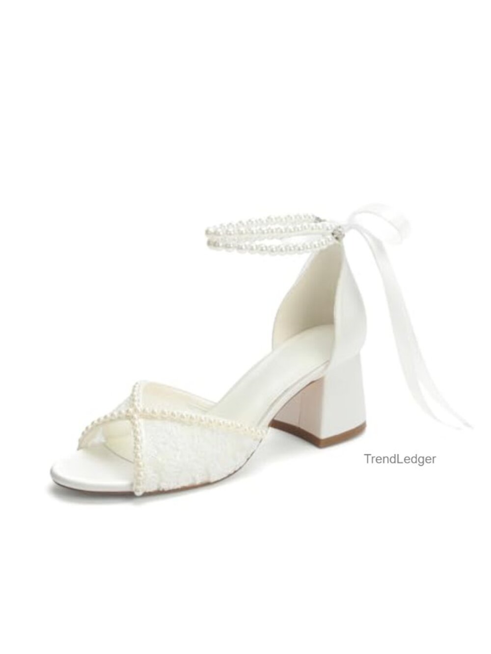 Lace Pearl Low Heel Wedding Sandals Open Toe Ankle Strap Bride Heels